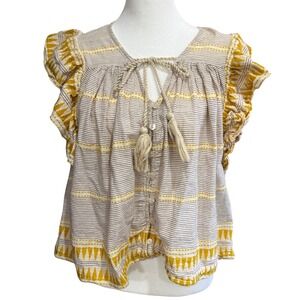 Coastal Boho Feminine Bishop Young Striped Tassel Tie Neck Flutter Sleeve Top M